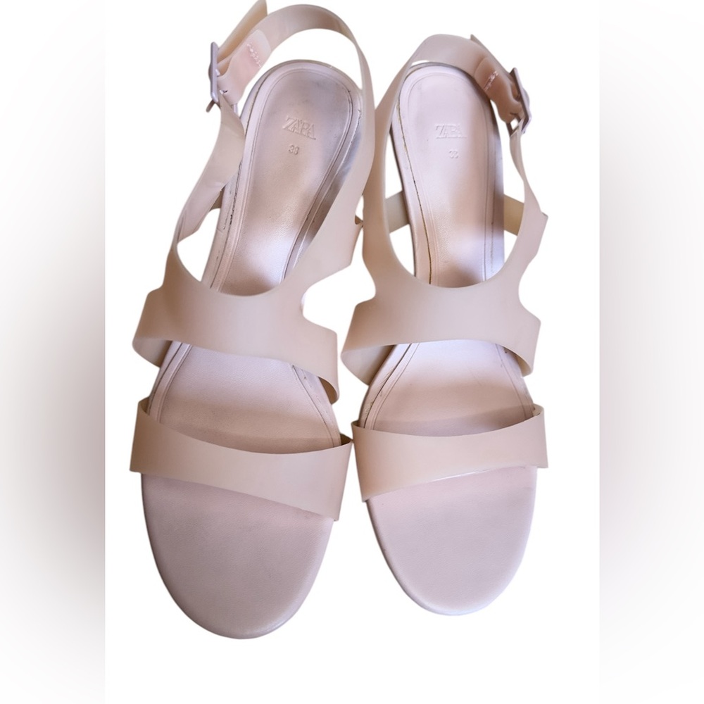Women's Zara Mid-Height Heel Rubberized Sandals pink nude Sandals.